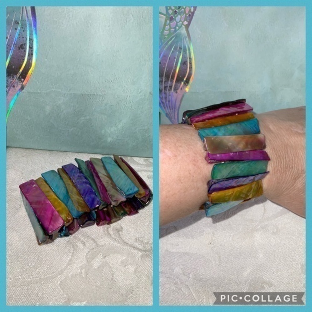 Mother of Pearl Multicolored Stretchy Wide Slats Bracelet 8”